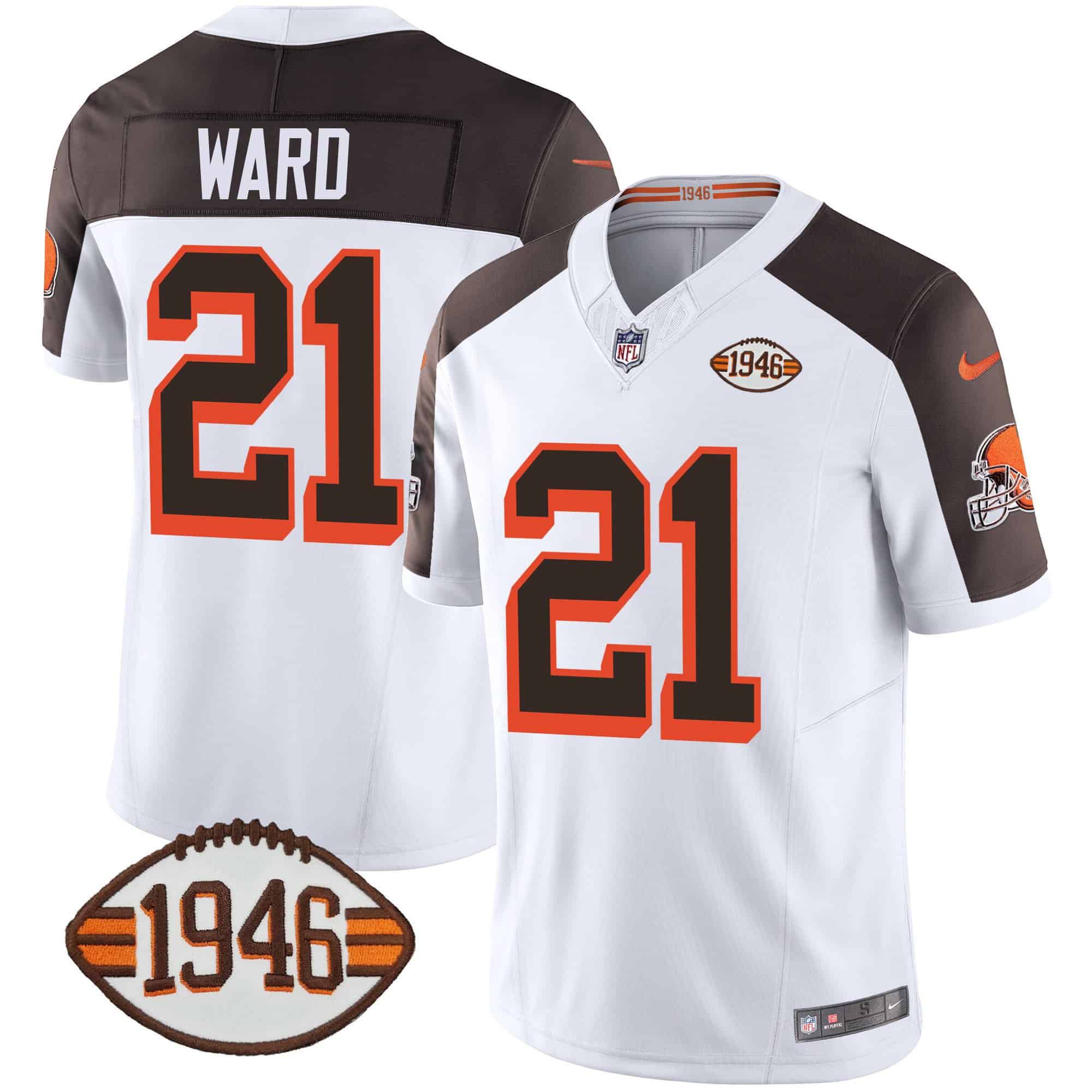 Men Cleveland Browns 21 Ward White 1946 75th Anniversary Patch 2024 Nike NFL Jersey style 1